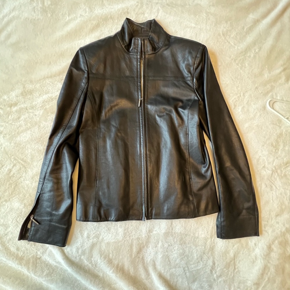 Olly London Sleek Black Leather Jacket (needs small repair) - Picture 2 of 15